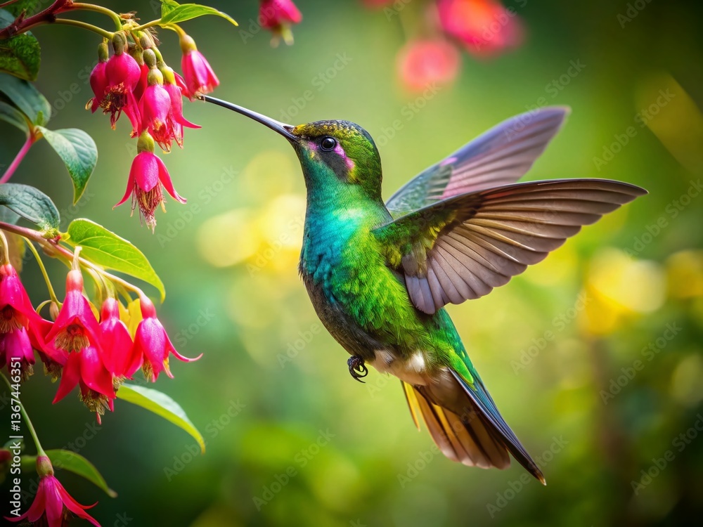 Fototapeta premium Costa Rican Hummingbird Feeding on Fuchsia - Vintage Wildlife Photography