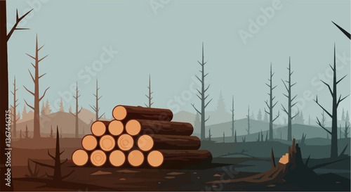 Deforestation and habitat loss. Landscape with logging and land clearance. Clear cutting for stock of building materials. Vector flat illustration