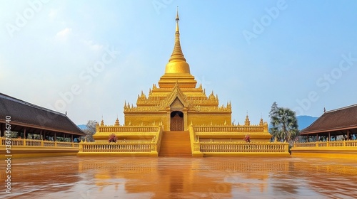 Discover tranquility at a golden stupa laos serene temple grounds in a wide-angle view of spiritual reflection