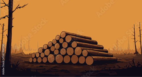Deforestation and habitat loss. Landscape with logging and land clearance. Clear cutting for stock of building materials. Vector flat illustration