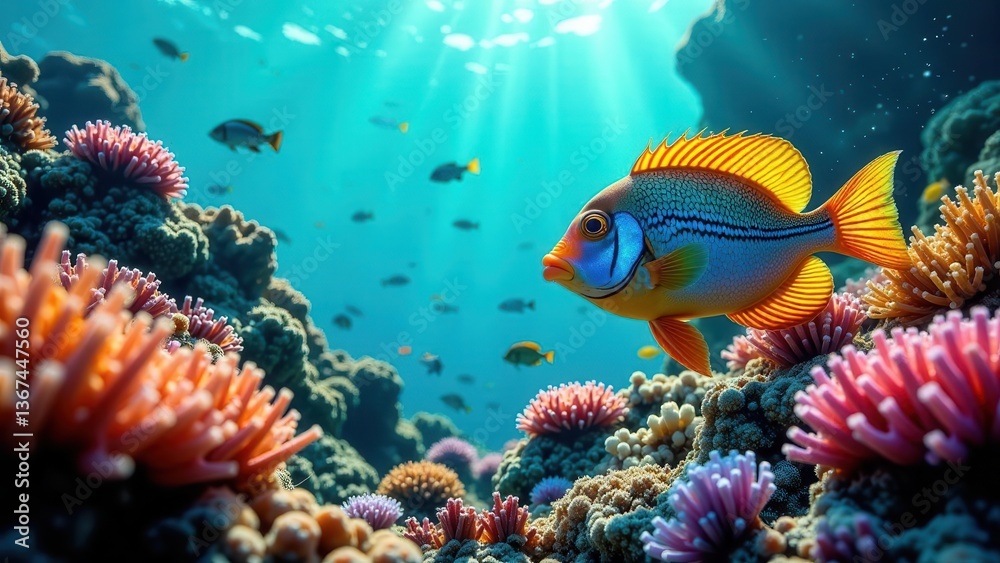 Naklejka premium Vibrant Reef Fish Amidst a Lush Coral Garden in a Sunlit Ocean