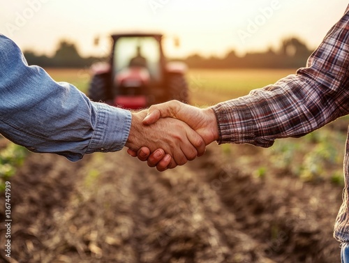 Farmers shaking hands as the sun sets in the field