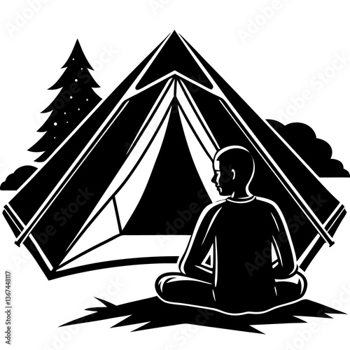 Silhouette of a camper sitting in front of a pitched tent, gazing up at the vast sky, set against a white background