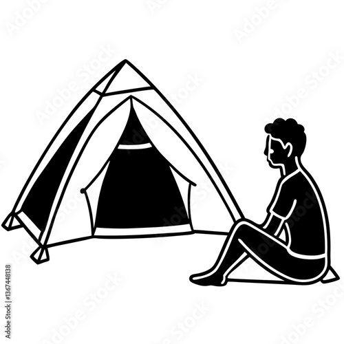 Silhouette of a camper sitting in front of a pitched tent, gazing up at the vast sky, set against a white background