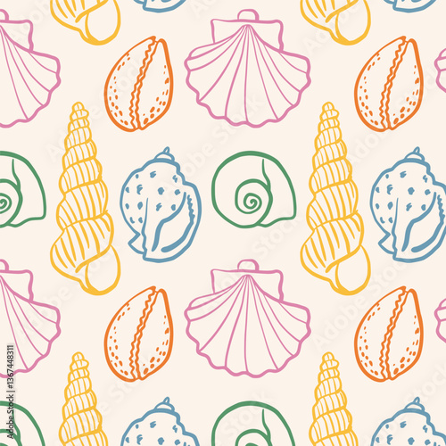 Seamless pattern with Various Seashells.Summer, vacation, ocean, beach concept. Design elements for trendy prints, label, background, wrapping paper