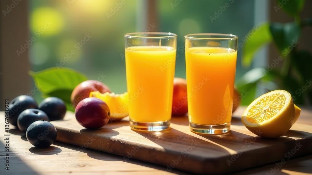 Fototapeta premium Two glasses of fresh citrus juice, surrounded by ripe peaches, plums, and an orange slice, bathed in sunlight on a wooden board.