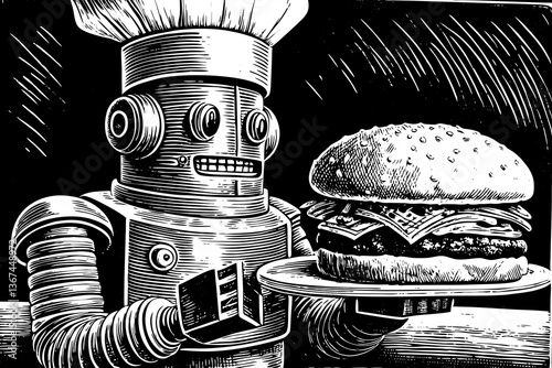 Robot chef with hamburger plate on hand in kitchen hand drawn sketch black and white illustration fast food, robotic chef, food automation