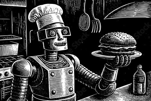 Robot chef with hamburger plate on hand in kitchen hand drawn sketch black and white illustration fast food, robotic chef, food automation