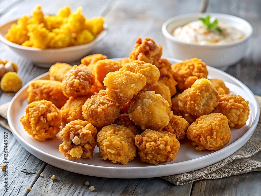 Crispy Fried Popcorn Chicken Bites Served with Dipping Sauce and French Fries. Crispy Fried Popcorn Chicken Bites Served with Dipping Sauce and French Fries.