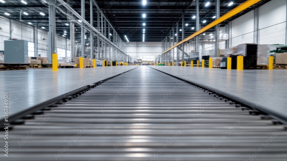Modern warehouse conveyor system. Large, bright, industrial space with a central conveyor belt. Organized boxes and equipment are visible Modern warehouse conveyor system. Large, bright, industrial space with a central conveyor belt. Organized boxes and equipment are visible