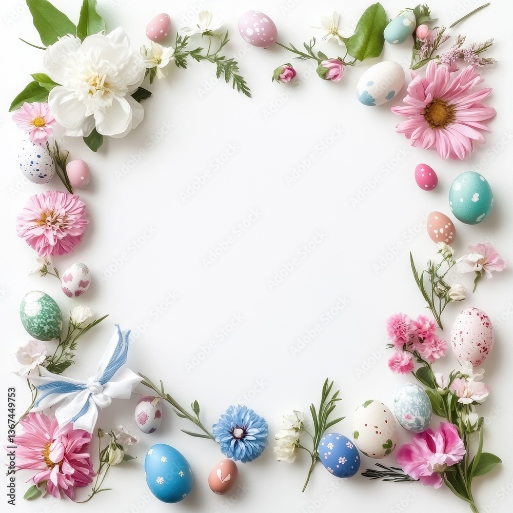 Pastel Easter Eggs and Flowers Frame on White Background Pastel Easter Eggs and Flowers Frame on White Background