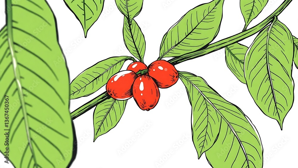 Fototapeta premium Line art, drawing sketch of coffee fruit and leaves, vector sketch style, coffee plant