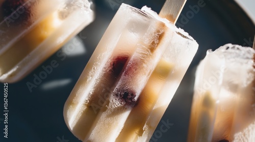 Homemade summer fruit popsicles with layers of raspberry, coconut, and pineapple melting on a rustic ceramic plate in bright sunlight