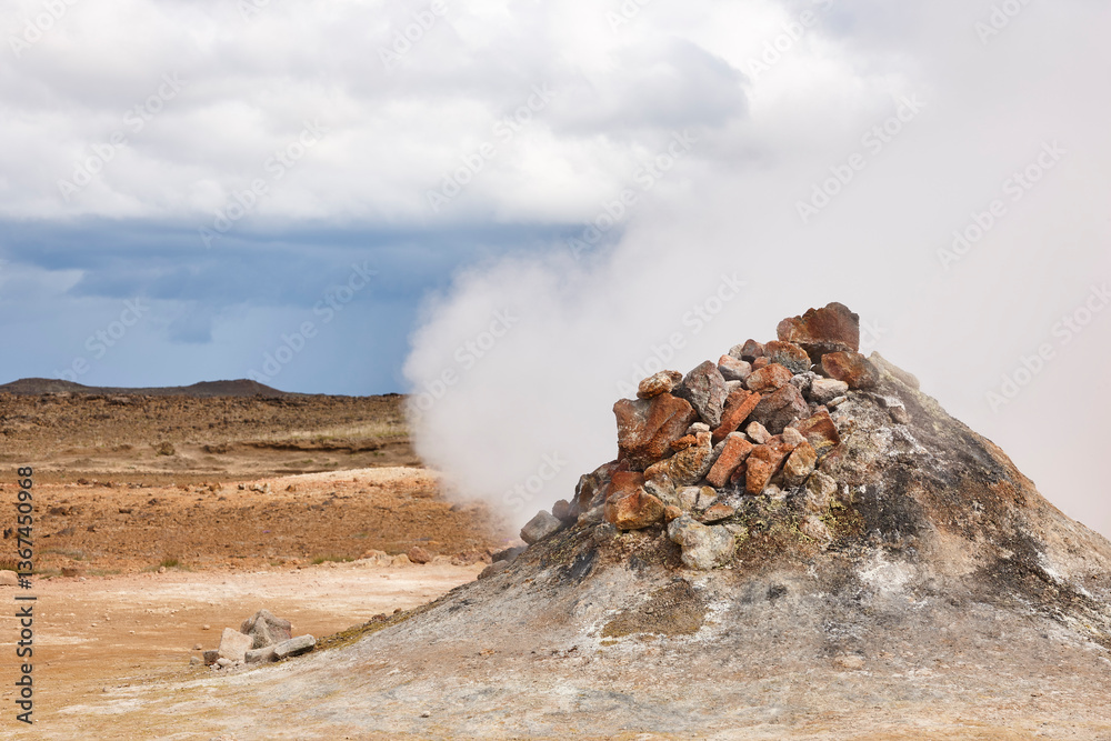 Active volcanic zone. Geothermical fumarole sulfur waters. Krafla. Iceland
