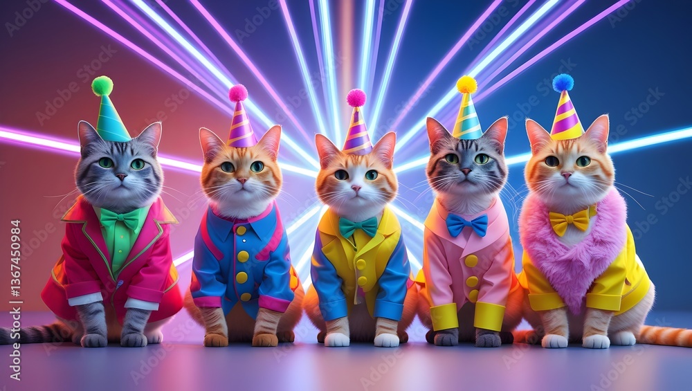 Fototapeta premium Neon Party Cats: Dressed for Celebration