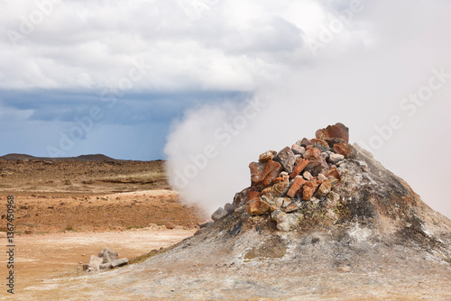 Obraz na płótnie Active volcanic zone. Geothermical fumarole sulfur waters. Krafla. Iceland w salonie