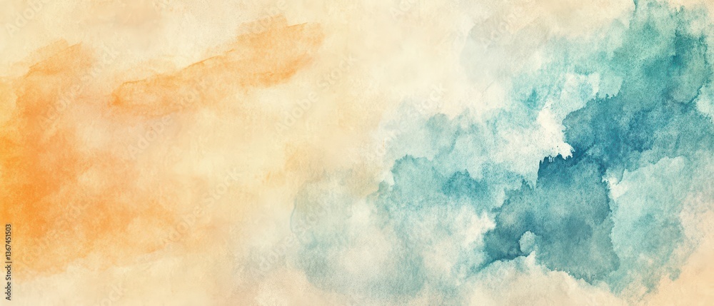 Obraz premium Abstract summer watercolor background in soft blues, oranges, and sandy beige tones, artistic and modern