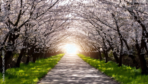 桜並木のトンネルのAI生成画像