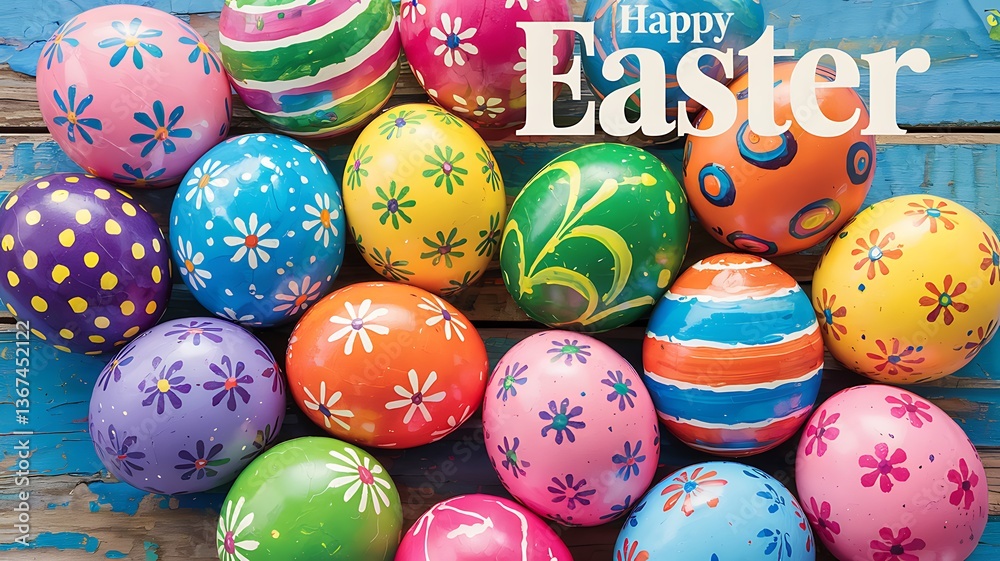 Obraz premium Vibrant Hand-Painted Easter Eggs with Unique Artistic Patterns Colorful Designs Arranged on Rustic Blue Wooden Surface with Festive Spring Elements for a Cheerful and Joyful Easter Holiday Celebration
