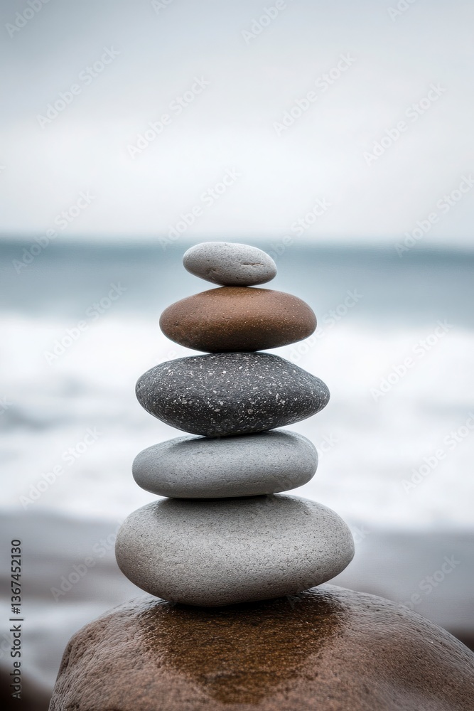 Tranquil Stacked Stones on a Beach with Gentle Ocean Waves Tranquil Stacked Stones on a Beach with Gentle Ocean Waves