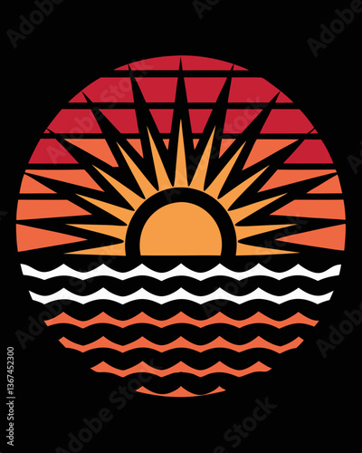 A beautiful sunrise over the ocean, a circular design with bright colors evoking warmth and serenity. The sun radiates with golden rays over the water, creating a calming and visually appealing image