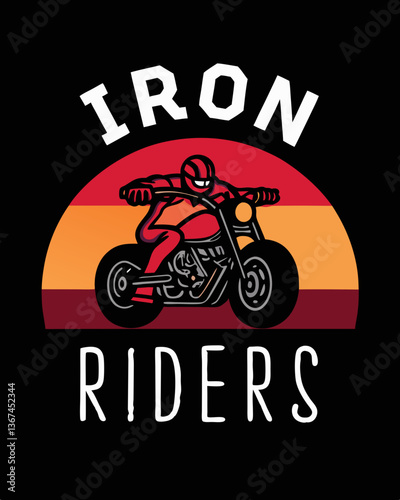 an illustration of a figure on a motorcycle, against a sunset backdrop with the words "IRON RIDERS"