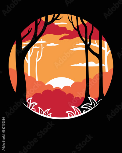 silhouette of trees in front of a sunset background within a circle