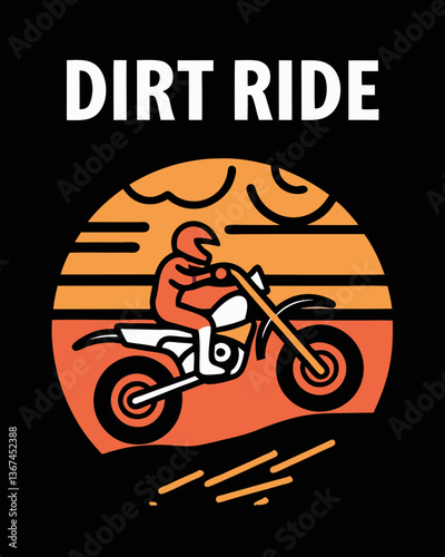dirt bike rider speeding across rugged terrain against a vibrant sunset backdrop