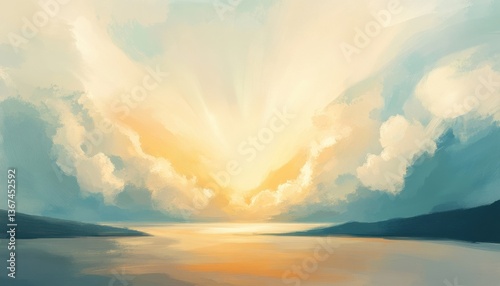 Serene Seascape at Sunrise:  Golden Rays Illuminate Blue and Teal Sky with Puffy White Clouds
