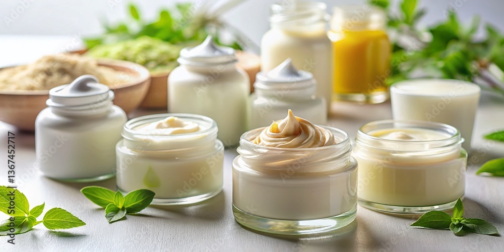 Creamy Bottles: Close-up Candid Shot of Various Cream Bottles on White Background Creamy Bottles: Close-up Candid Shot of Various Cream Bottles on White Background