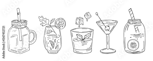 A set of glasses for fruit and vegetable smoothies, with pieces of ingredients, tubes and ice. Vector illustrations in doodle style of healthy cocktails, diet detox drinks.