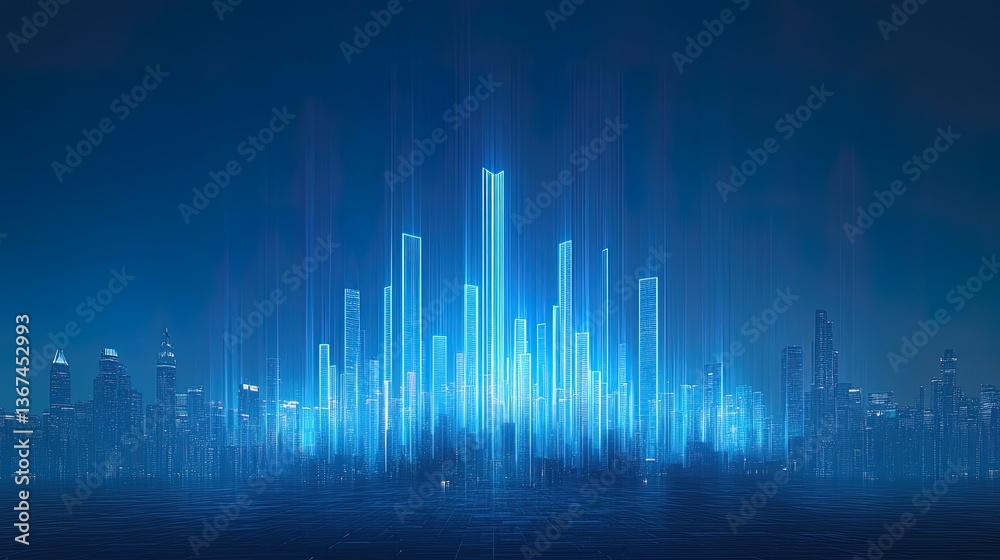 Naklejka premium A futuristic bar chart displayed as growing skyscrapers in a sci-fi cityscape