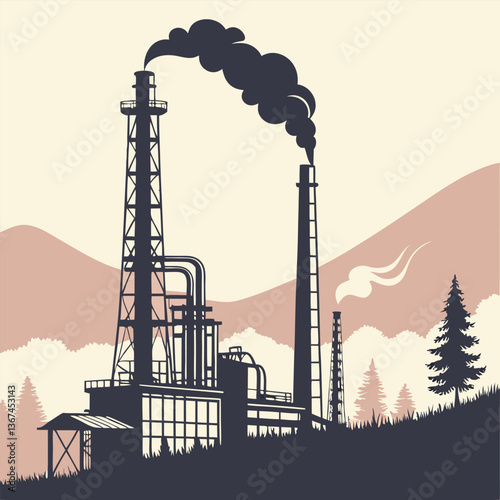 Factory Emissions: A striking illustration of an industrial complex, showcasing towering smokestacks spewing dark emissions against a backdrop of rolling hills and sparse trees.