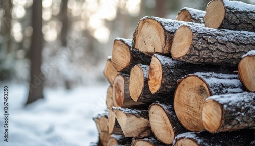 Snow Covered Stack of Firewood Logs in a Winter Forest