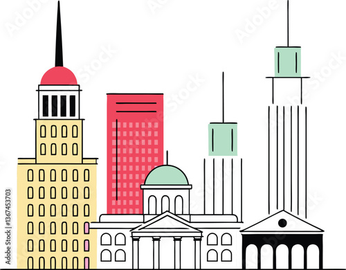 City Skyline Illustration: An abstract illustration of a bustling city skyline, showcasing a range of architectural styles and vibrant colors. The minimalist linework evokes a sense of modernism.