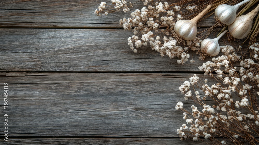 Still life features garlic and gypsophila on a wooden surface