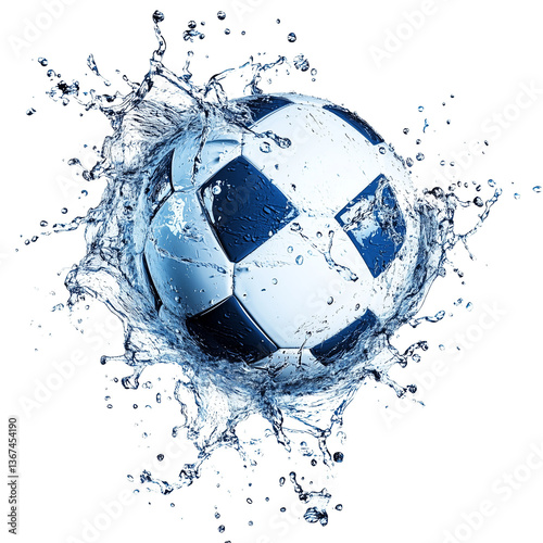 Soccer Ball Emerging from Water Splash, Dynamic Action Shot isolated on transparent background HD photo PNG file download.

