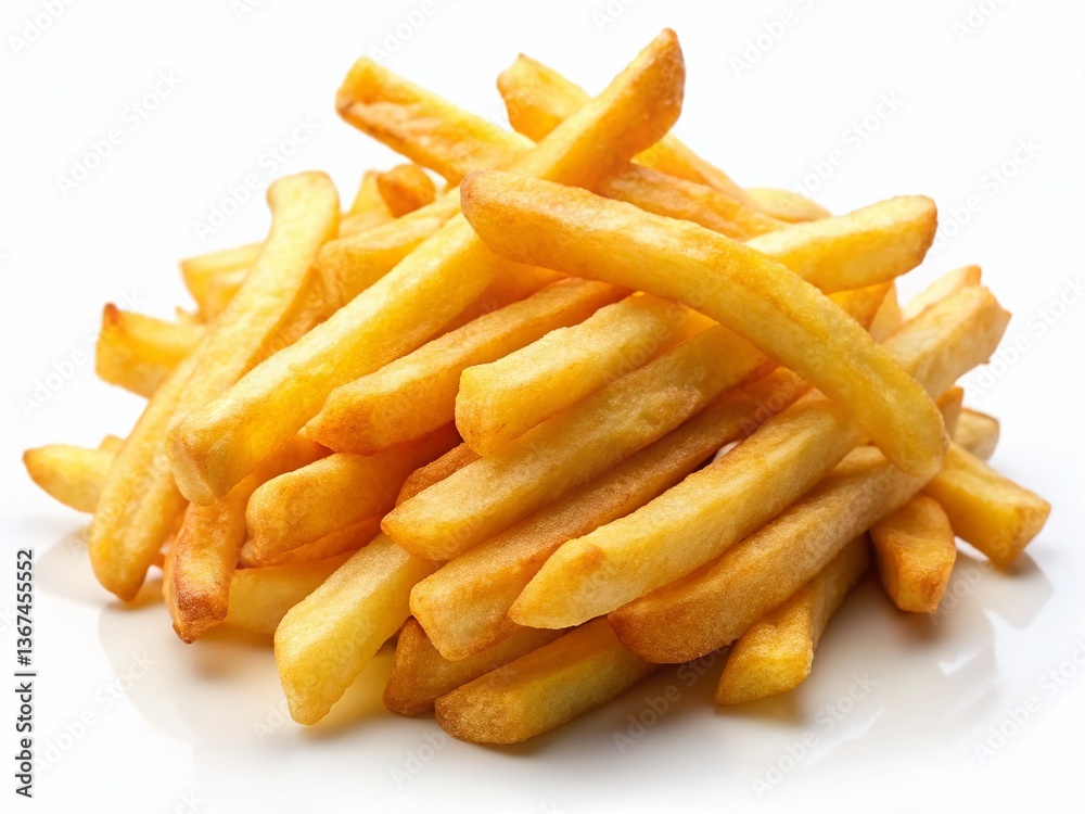 Crispy Golden French Fries Isolated on White Background - Macro Stock Photo Crispy Golden French Fries Isolated on White Background - Macro Stock Photo