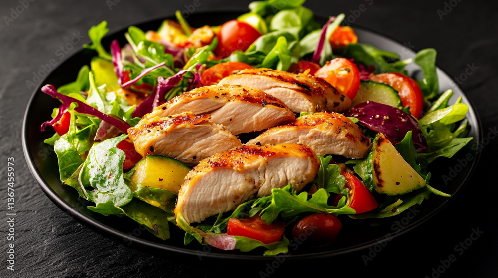 Close up of a black plate with a chicken salad featuring tomatoes cucumbers and mixed greens on a dark surface Close up of a black plate with a chicken salad featuring tomatoes cucumbers and mixed greens on a dark surface