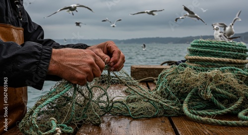 Fisherman Mending Nets at Sea photo