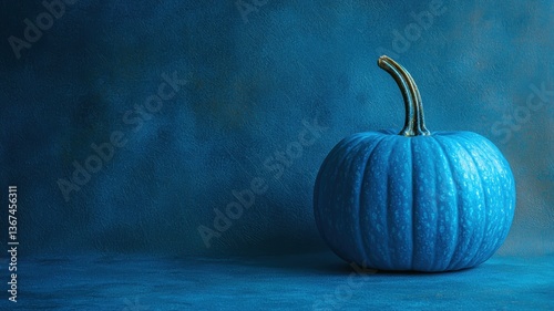 A striking blue pumpkin sits alone against a matching blue textured backdrop, showcasing its unusual color and form in a creative arrangement, copy space