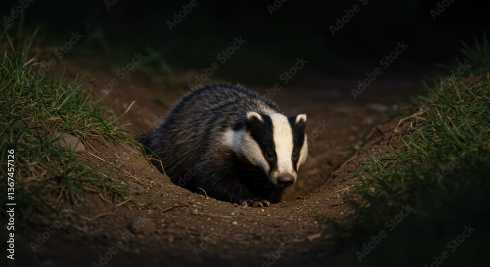 Obraz premium Badger Emerging From Burrow at Night