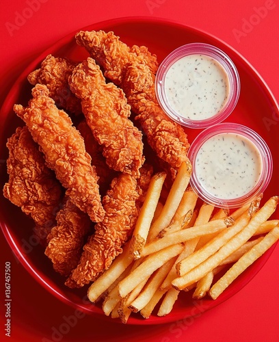 Golden Crispy Chicken Tenders with Golden French Fries and Dipping Sauces on Vibrant Red Plate