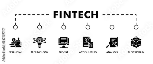 FINTECH banner web icon vector illustration concept with icon of financial, technology, digital, accounting, analysis and blockchain