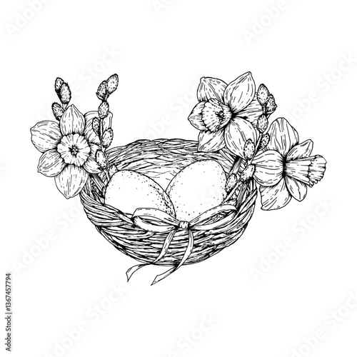 Vector illustration of an Easter nest with eggs, daffodils, pussy willow branches and a bow. Hand drawn in monochrome ink line art. Perfect for spring, Easter and 8 March holiday design projects.