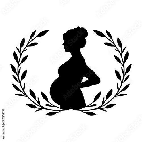 Día de la madre. Silueta de mujer embarazada de pie con corona de laurel