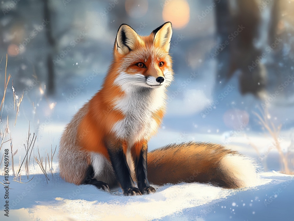 Red Fox Sitting in Snowy Winter Forest Red Fox Sitting in Snowy Winter Forest
