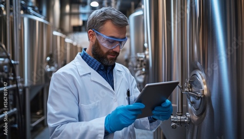 A scientist in a white coat and blue gloves is holding an iPad, looking at it while standing next to large stainless steel tanks for beer production inside the factory, in a dimly lit environment. 