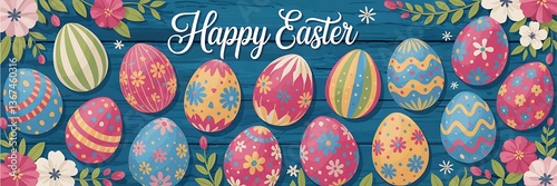 Vibrant Hand-Painted Easter Eggs with Unique Artistic Patterns Colorful Designs Arranged on Rustic Blue Wooden Surface with Festive Spring Elements for a Cheerful and Joyful Easter Holiday Celebration