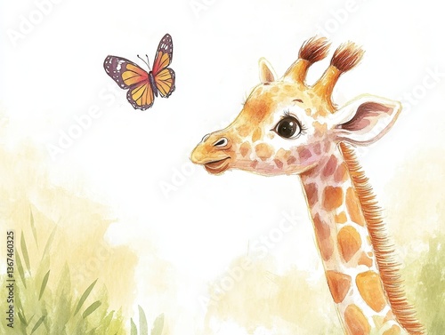 Watercolor Painting of a Baby Giraffe and Butterfly
